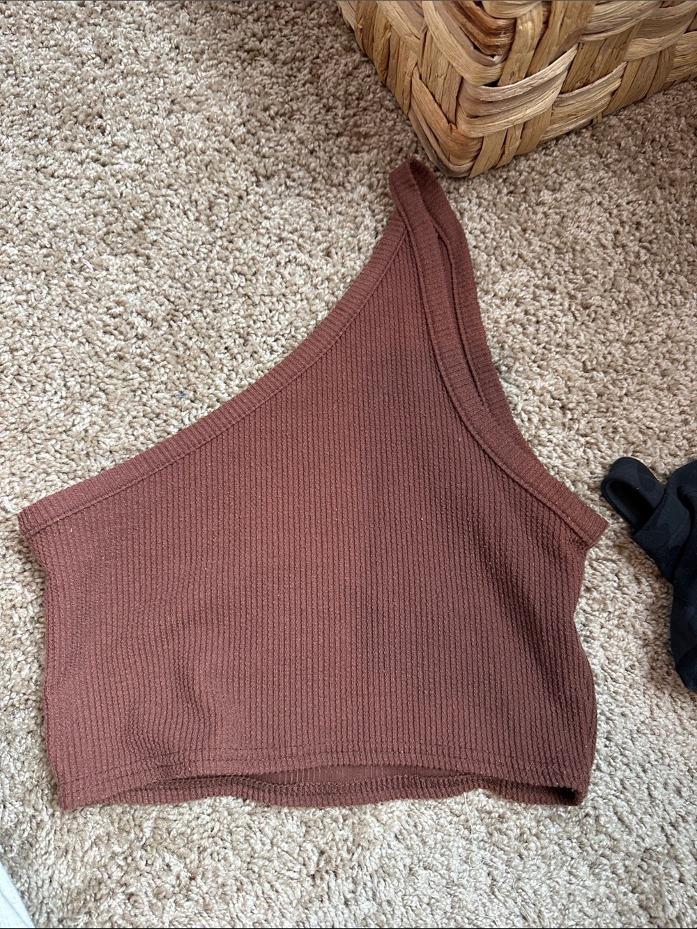 One-Shoulder Ribbed Crop Top in Brown